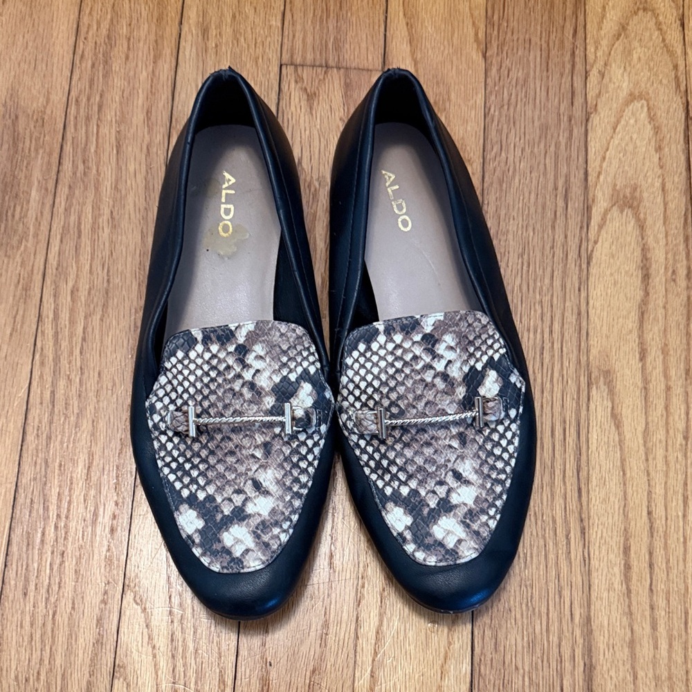 Aldo Black and Tan Snake Print Loafers